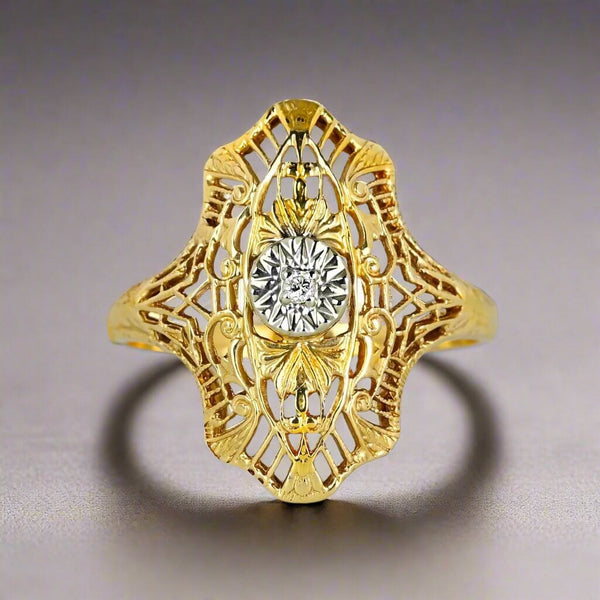 Vintage 10K Gold Filigree Panel Diamond Ring - Boylerpf