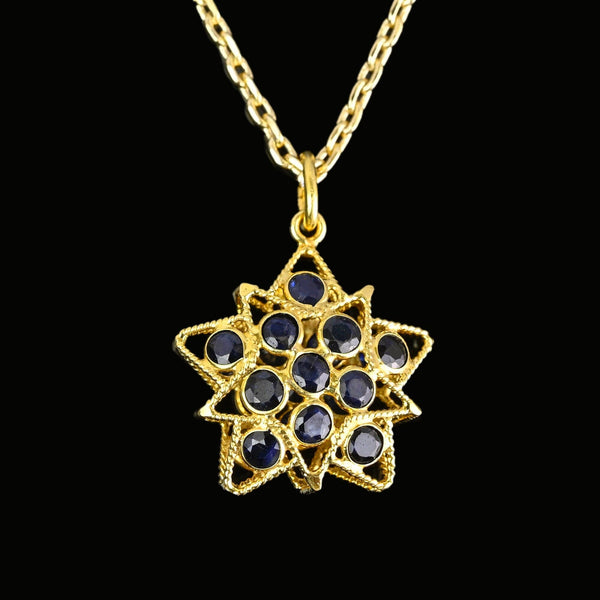 Vintage 18K Gold Filigree Sapphire Star Pendant - Boylerpf