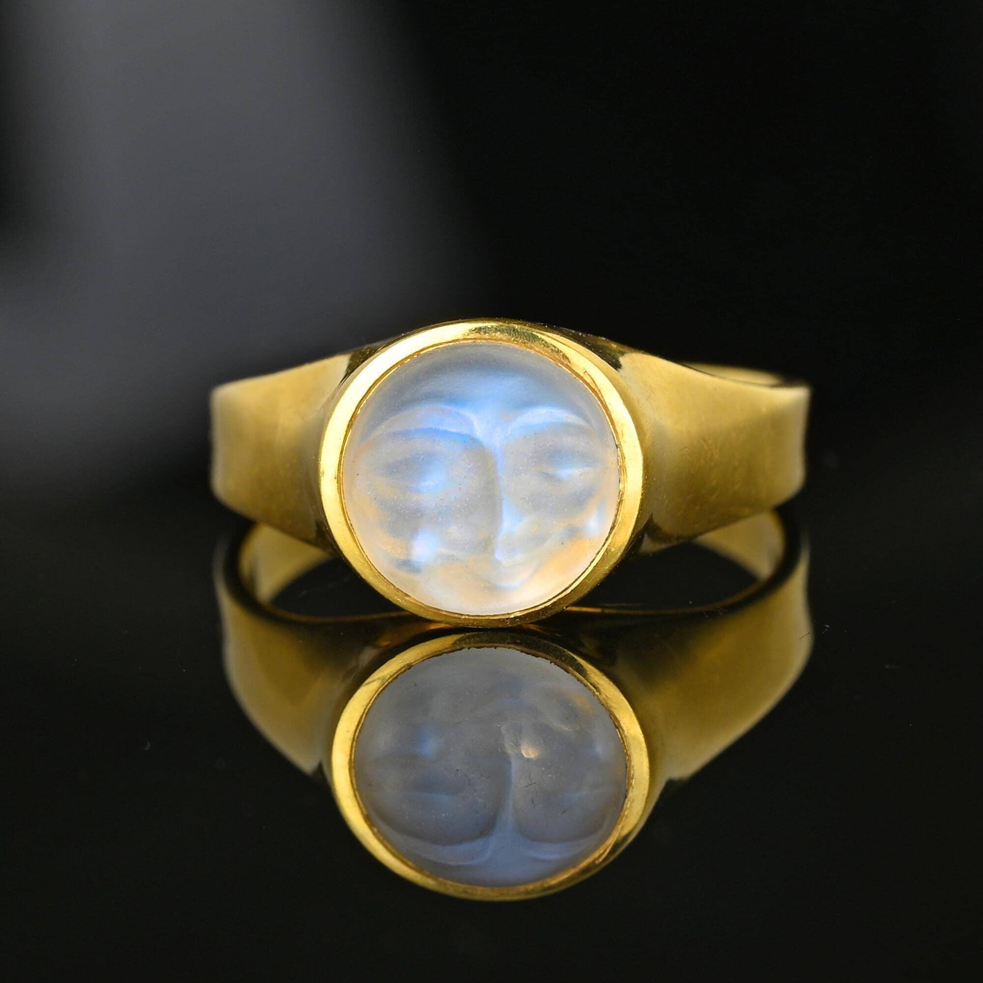 Ed Spencer Carved Man in the Moon Moonstone Ring in 18K Gold Boylerpf