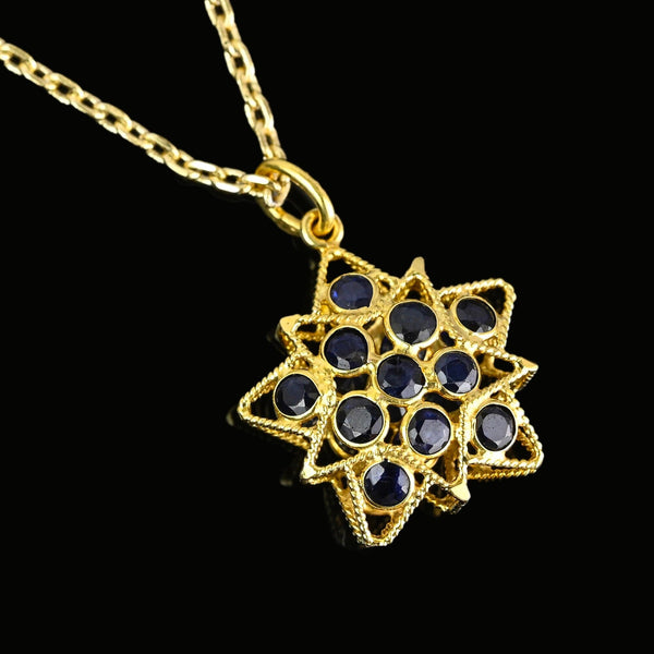 Vintage 18K Gold Filigree Sapphire Star Pendant - Boylerpf
