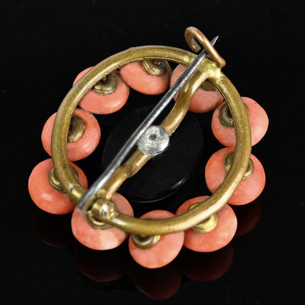Antique Bullseye Agate Victorian Button Coral Brooch - Boylerpf
