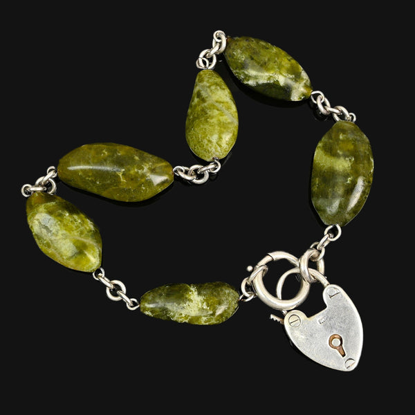Victorian Connemara Marble Bracelet, Sterling Heart Padlock
