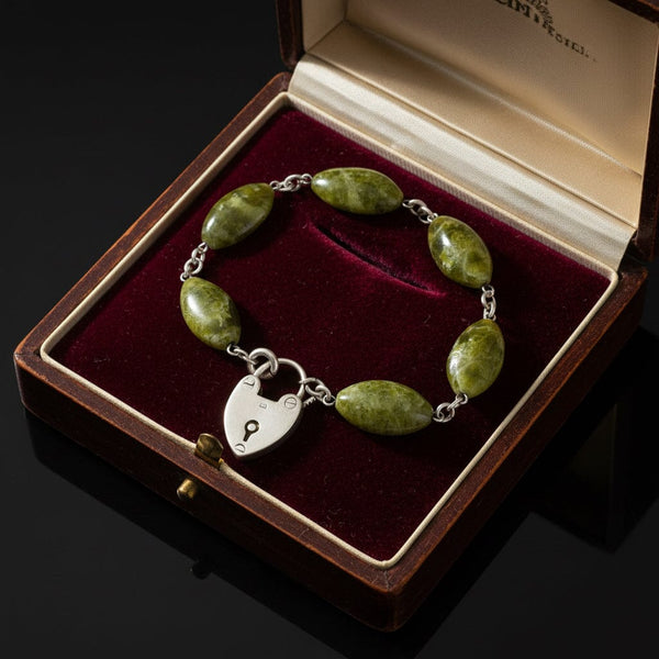 Victorian Connemara Marble Bracelet, Sterling Heart Padlock