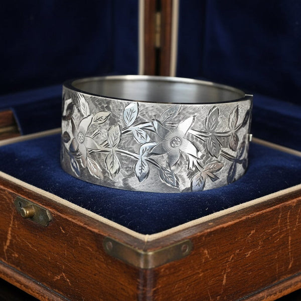 Antique Sterling Silver Forget Me Not Engraved Bangle - Boylerpf