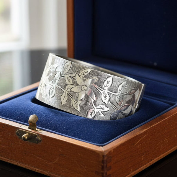 Antique Sterling Silver Forget Me Not Engraved Bangle - Boylerpf