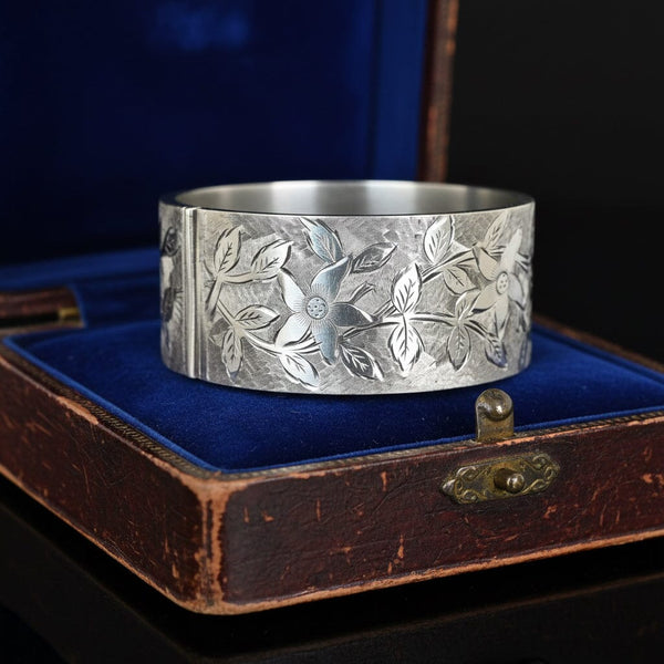 Antique Sterling Silver Forget Me Not Engraved Bangle - Boylerpf