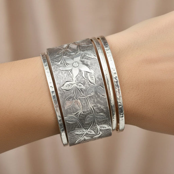 Antique Sterling Silver Forget Me Not Engraved Bangle - Boylerpf