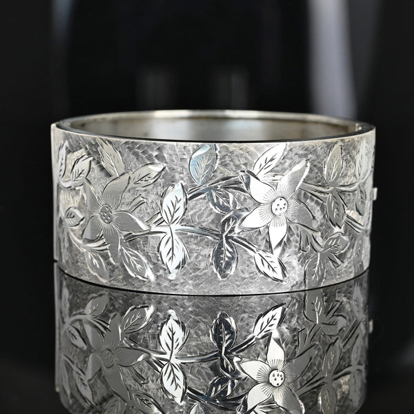 Antique Sterling Silver Forget Me Not Engraved Bangle - Boylerpf