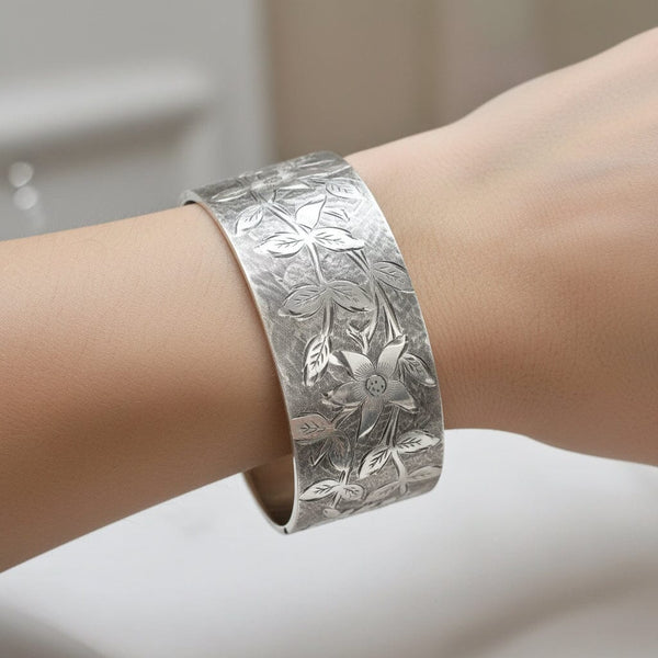Antique Sterling Silver Forget Me Not Engraved Bangle - Boylerpf