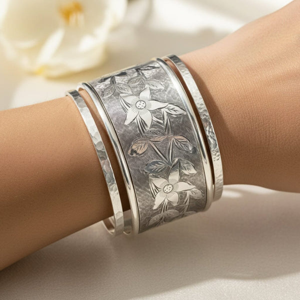 Antique Sterling Silver Forget Me Not Engraved Bangle - Boylerpf