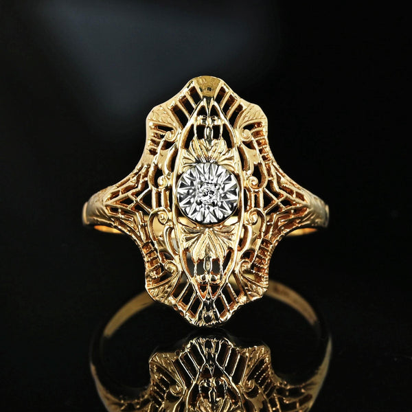 Vintage 10K Gold Filigree Panel Diamond Ring - Boylerpf