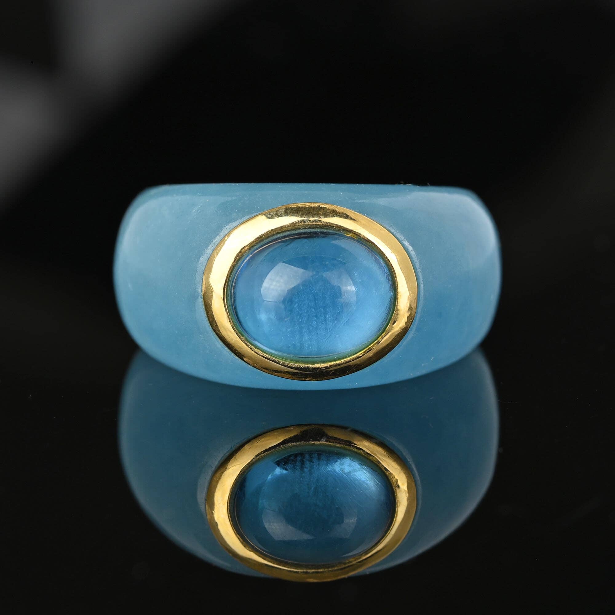 Blue Border chocoNekoβ Blue Topaz Cabochon 14K Gold Ring Band, Size 9 – Boylerpf