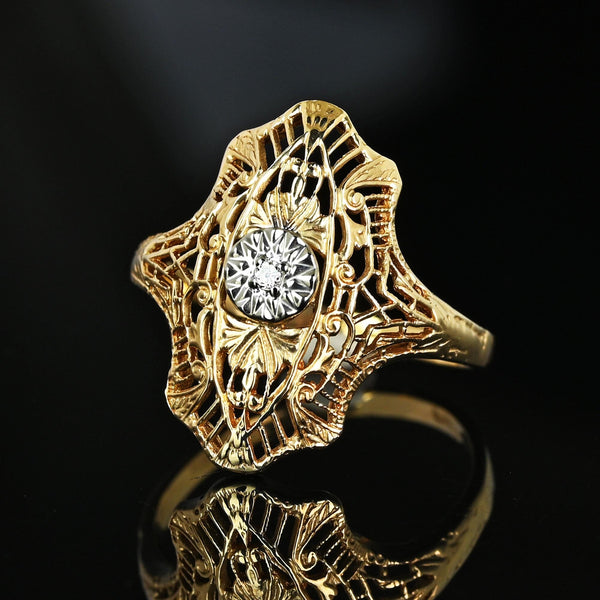 Vintage 10K Gold Filigree Panel Diamond Ring - Boylerpf