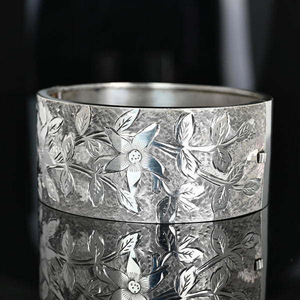 Antique Sterling Silver Forget Me Not Engraved Bangle - Boylerpf