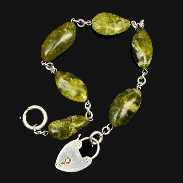 Victorian Connemara Marble Bracelet, Sterling Heart Padlock