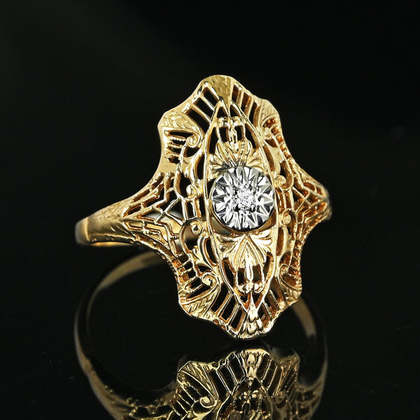 Vintage 10K Gold Filigree Panel Diamond Ring - Boylerpf