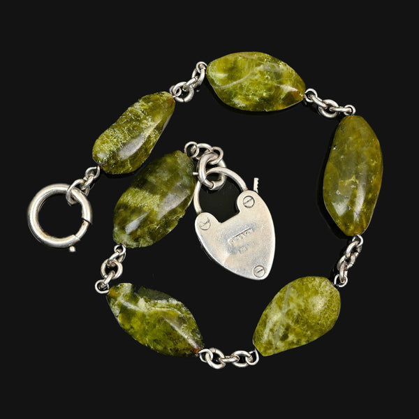 Victorian Connemara Marble Bracelet, Sterling Heart Padlock