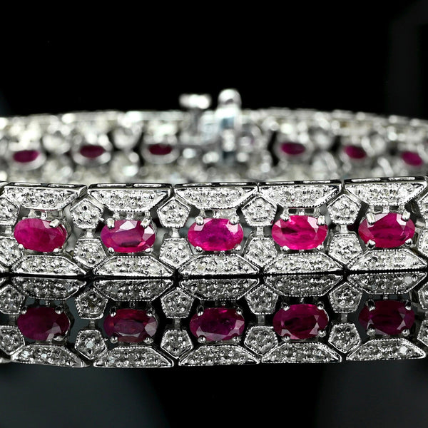 Vintage 14K White Gold Ruby Diamond Tennis Bracelet, Art Deco Style