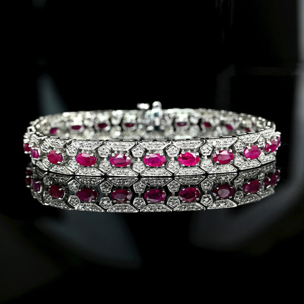 Vintage 14K White Gold Ruby Diamond Tennis Bracelet, Art Deco Style