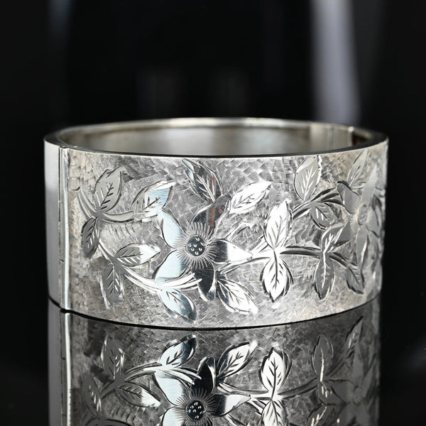 Antique Sterling Silver Forget Me Not Engraved Bangle - Boylerpf