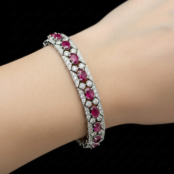 Vintage 14K White Gold Ruby Diamond Tennis Bracelet, Art Deco Style