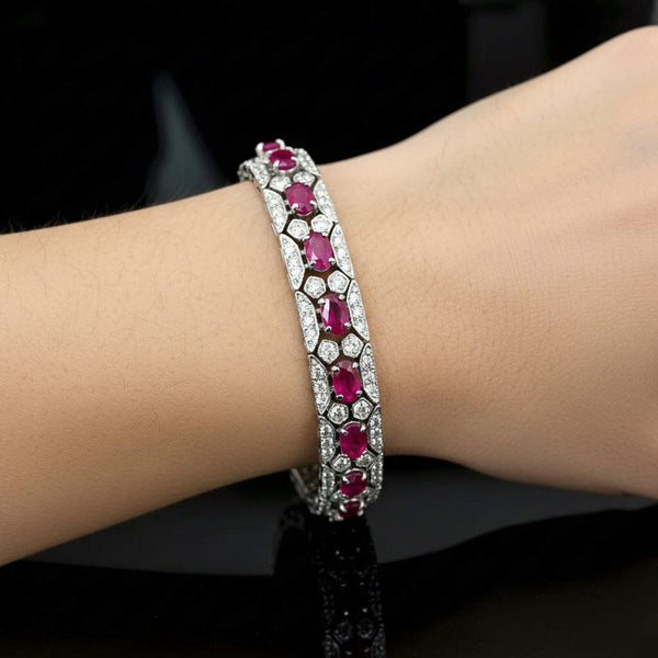 Vintage 14K White Gold Ruby Diamond Tennis Bracelet, Art Deco Style