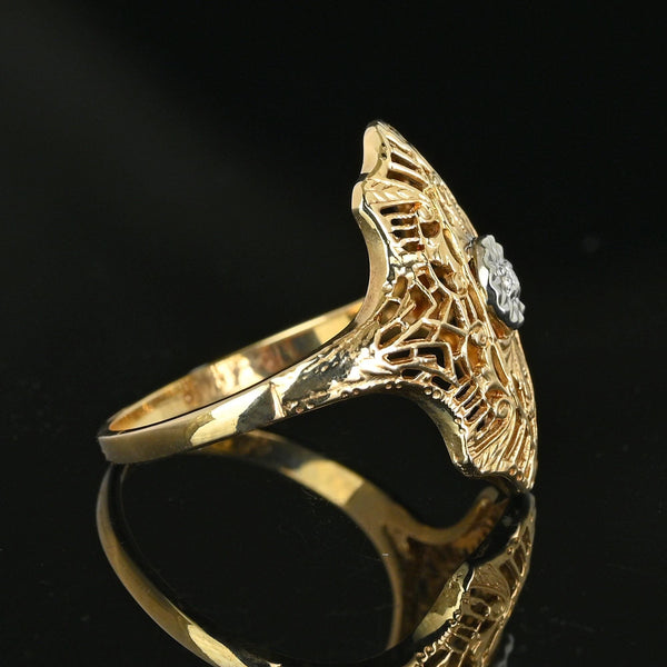 Vintage 10K Gold Filigree Panel Diamond Ring - Boylerpf