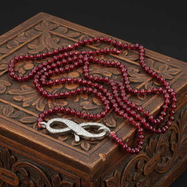 Long Garnet Bead Necklace Sterling Diamond Infinity Clasp