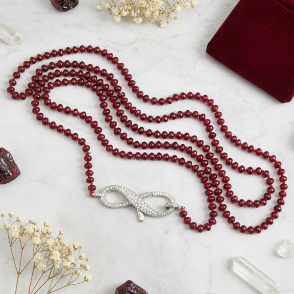 Long Garnet Bead Necklace Sterling Diamond Infinity Clasp