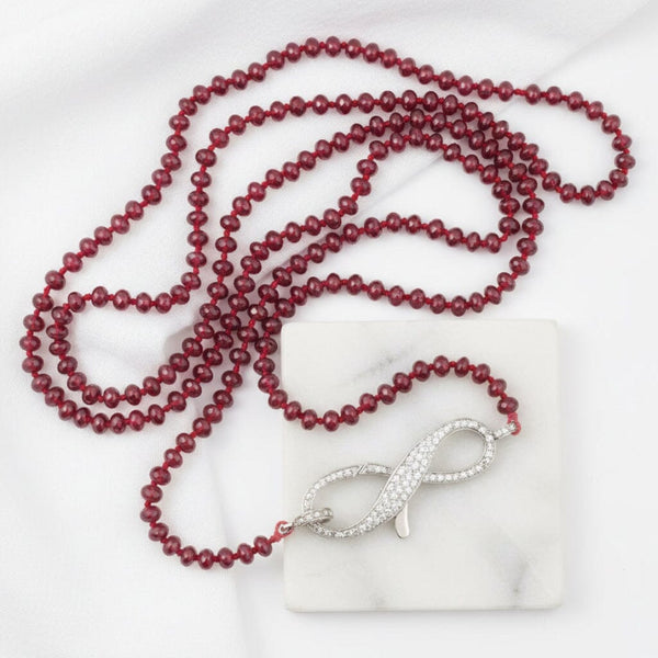 Long Garnet Bead Necklace Sterling Diamond Infinity Clasp