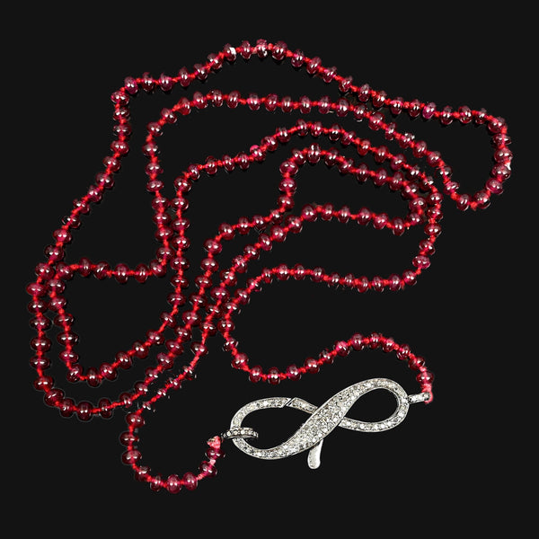 Long Garnet Bead Necklace Sterling Diamond Infinity Clasp