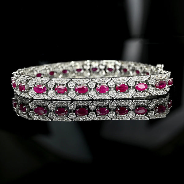 Vintage 14K White Gold Ruby Diamond Tennis Bracelet, Art Deco Style