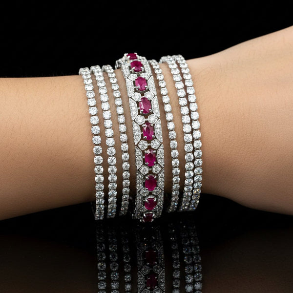 Vintage 14K White Gold Ruby Diamond Tennis Bracelet, Art Deco Style