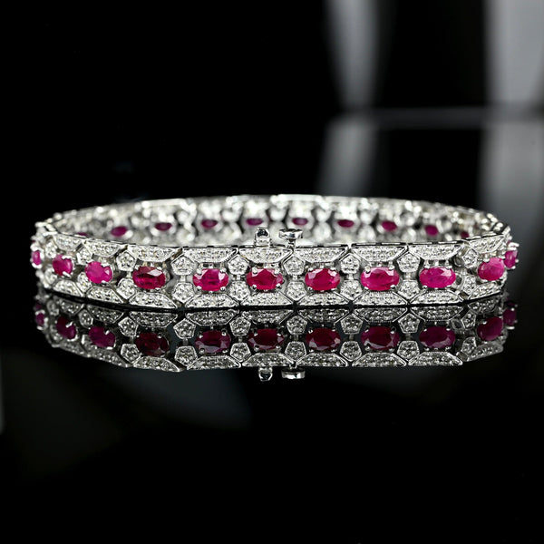 Vintage 14K White Gold Ruby Diamond Tennis Bracelet, Art Deco Style