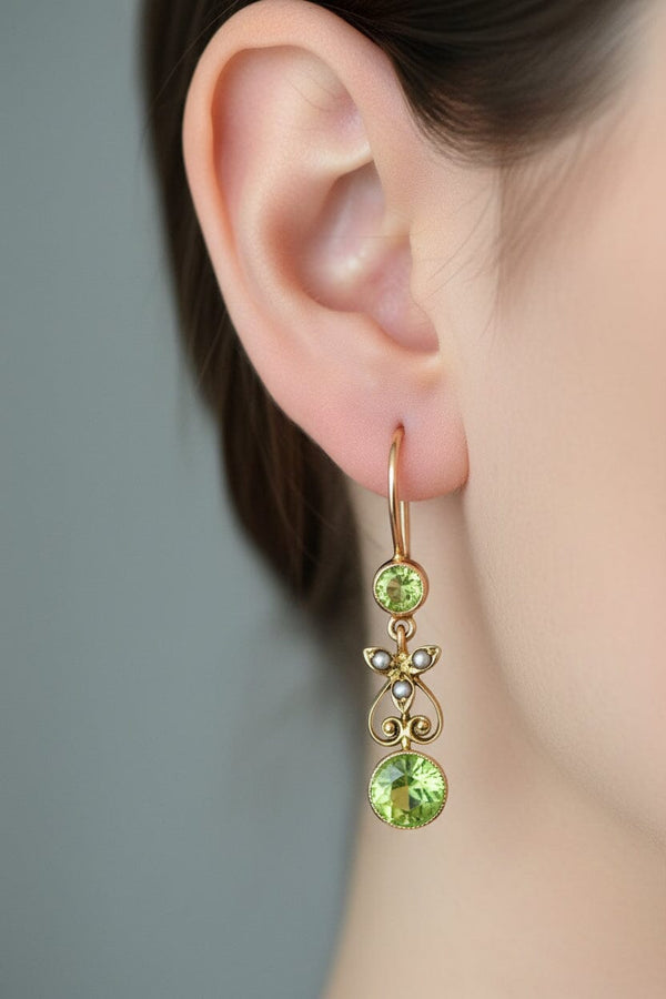 ON HOLD Elegant Antique 10K Gold Seed Pearl Peridot Earrings - Boylerpf