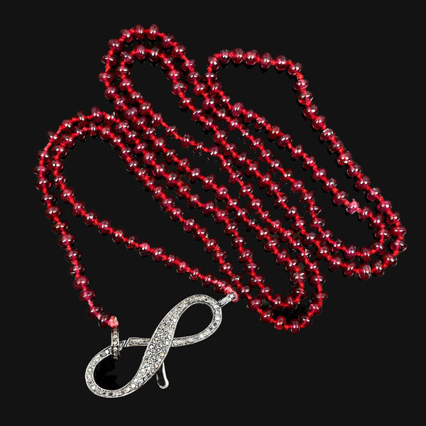 Long Garnet Bead Necklace Sterling Diamond Infinity Clasp