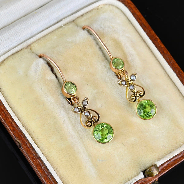 ON HOLD Elegant Antique 10K Gold Seed Pearl Peridot Earrings - Boylerpf