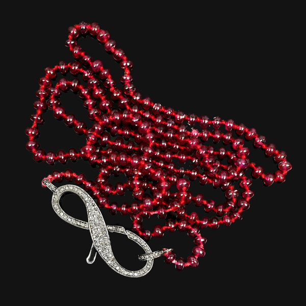 Long Garnet Bead Necklace Sterling Diamond Infinity Clasp