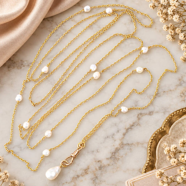 Antique Victorian 14K Gold Pearl Muff Guard Watch Chain