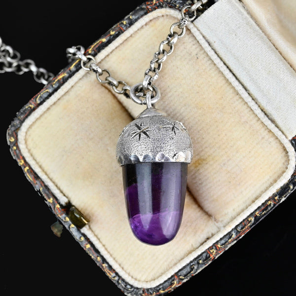 Arts & Crafts Silver Star Engraved Amethyst Acorn Pendant - Boylerpf