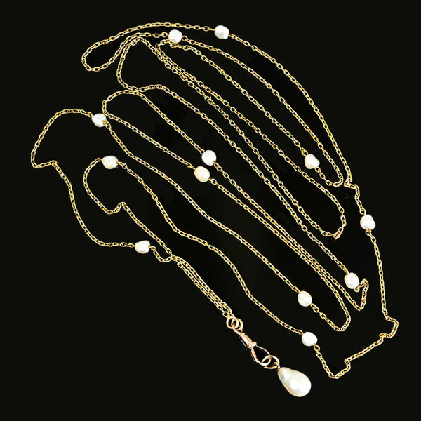 Antique Victorian 14K Gold Pearl Muff Guard Watch Chain