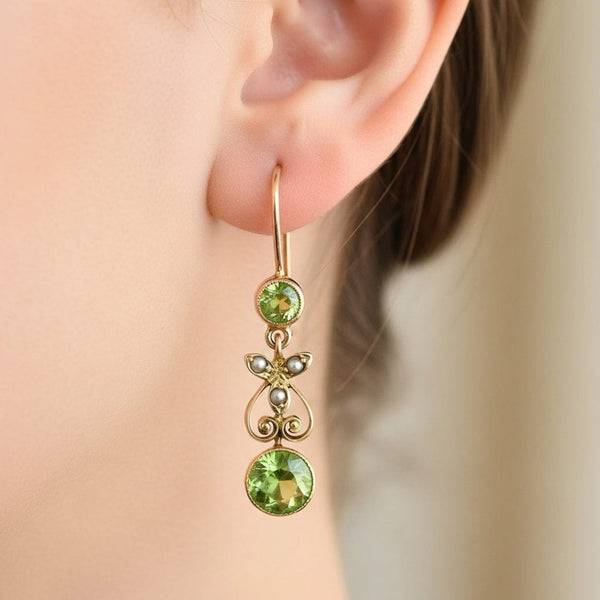 ON HOLD Elegant Antique 10K Gold Seed Pearl Peridot Earrings - Boylerpf