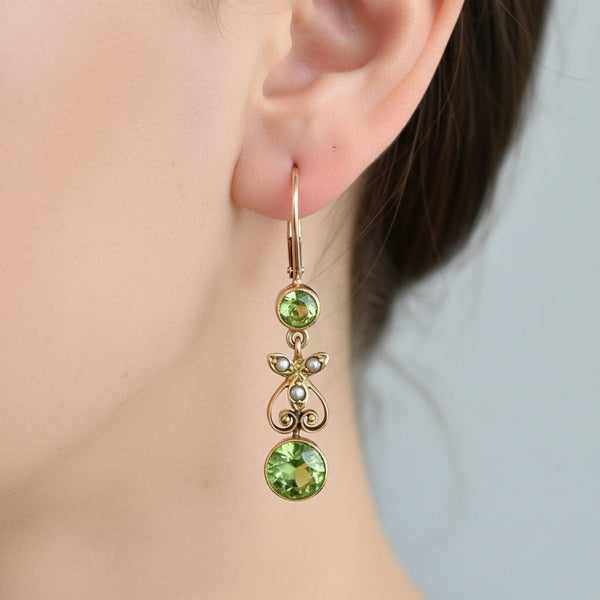 ON HOLD Elegant Antique 10K Gold Seed Pearl Peridot Earrings - Boylerpf