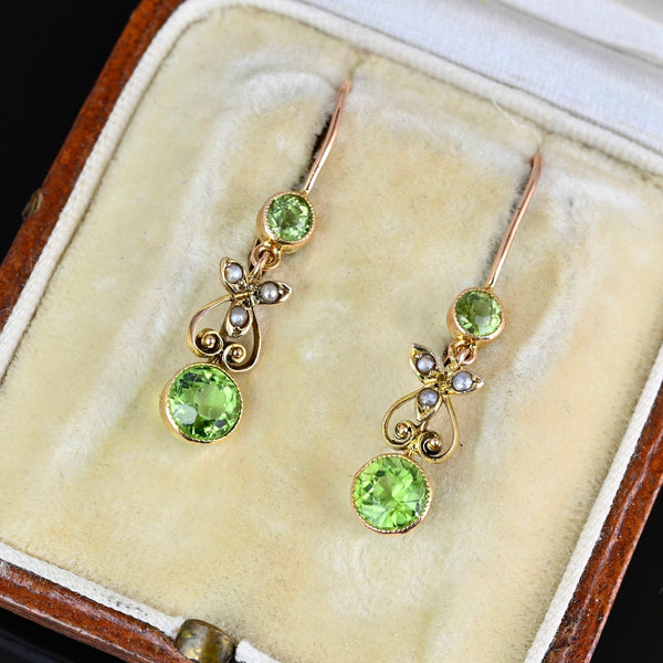 ON HOLD Elegant Antique 10K Gold Seed Pearl Peridot Earrings - Boylerpf