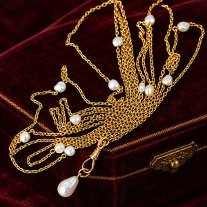 Antique Victorian 14K Gold Pearl Muff Guard Watch Chain - Boylerpf