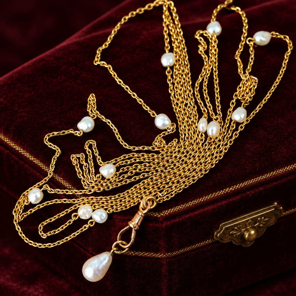 Antique Victorian 14K Gold Pearl Muff Guard Watch Chain