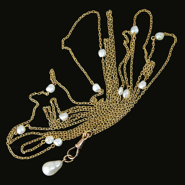 Antique Victorian 14K Gold Pearl Muff Guard Watch Chain