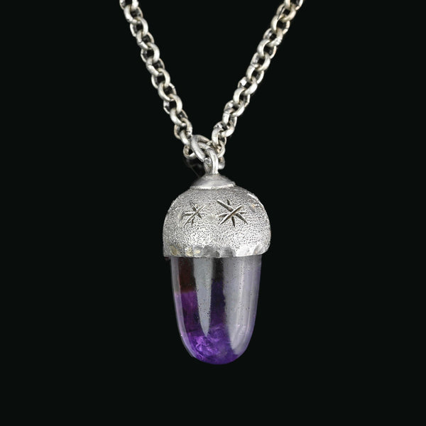 Arts & Crafts Silver Star Engraved Amethyst Acorn Pendant - Boylerpf