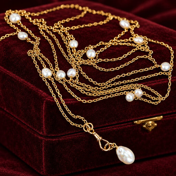 Antique Victorian 14K Gold Pearl Muff Guard Watch Chain