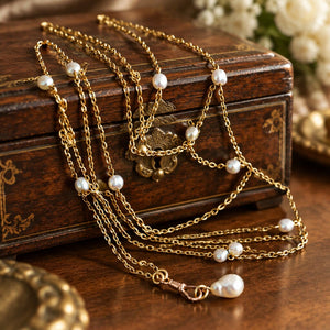 Antique Victorian 14K Gold Pearl Muff Guard Watch Chain - Boylerpf